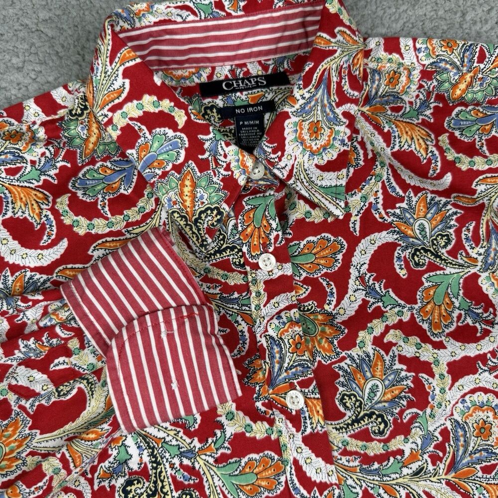 Chaps No Iron Shirt Womens Petite Medium PM Red Paisley Long Sleeve Button Up